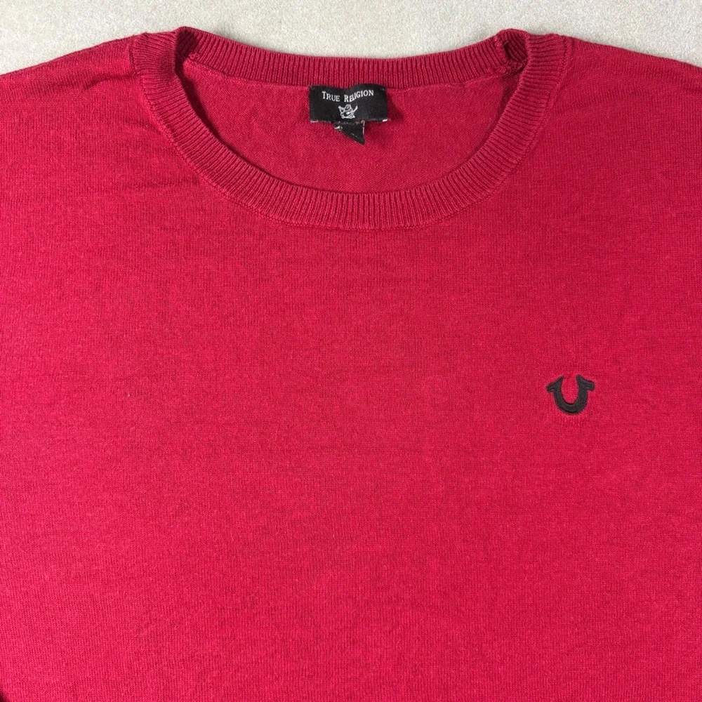 True Religion Mens Red Buddha Logo Crewneck Knit Sweater Large L Pullover